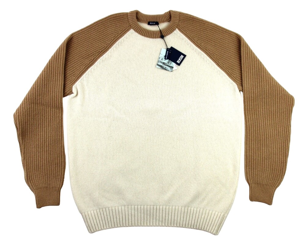 Benson Baseball Sweater L Mens Knit Wool Relaxed Fit Beige Camel Crewneck